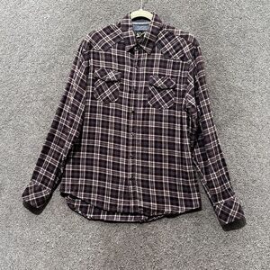 Dukes Western‎ Snap Button Shirt Men Large Brown Plaid Long Sleeve Flannel